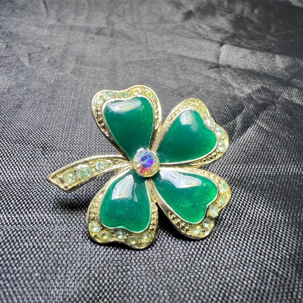 Vtg Green Enamel Rhinestone Gold Tone Four Leaf Clover Brooch Pin Nina Ricci